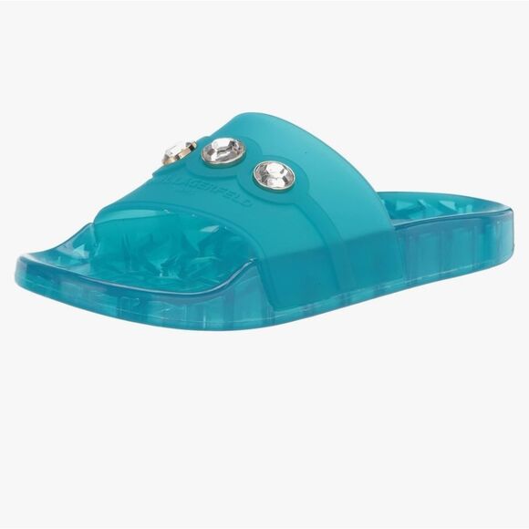 BRAND NEW KARL LAGERFELD TEAL SLIDE with CRYSTAL DETAILS SANDAL R3 - Picture 4 of 16
